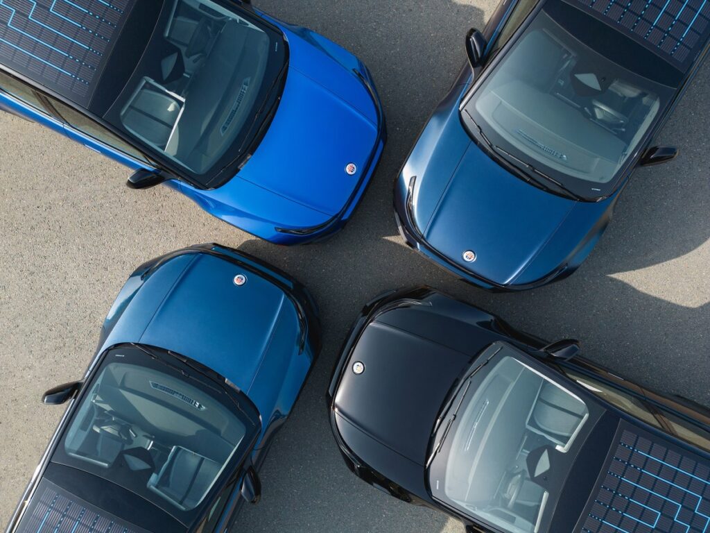 Fisker Ocean SUVs arranged in a pattern, overhead view